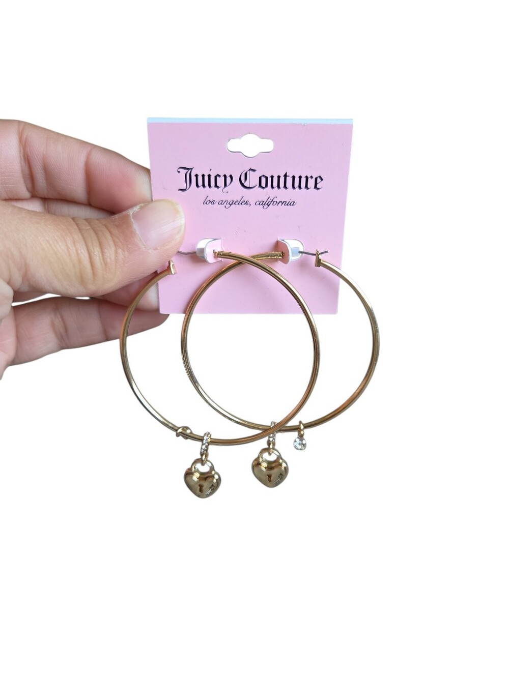 Juicy Couture Gold Hoop Earrings with Heart Charms and Crystal Accent